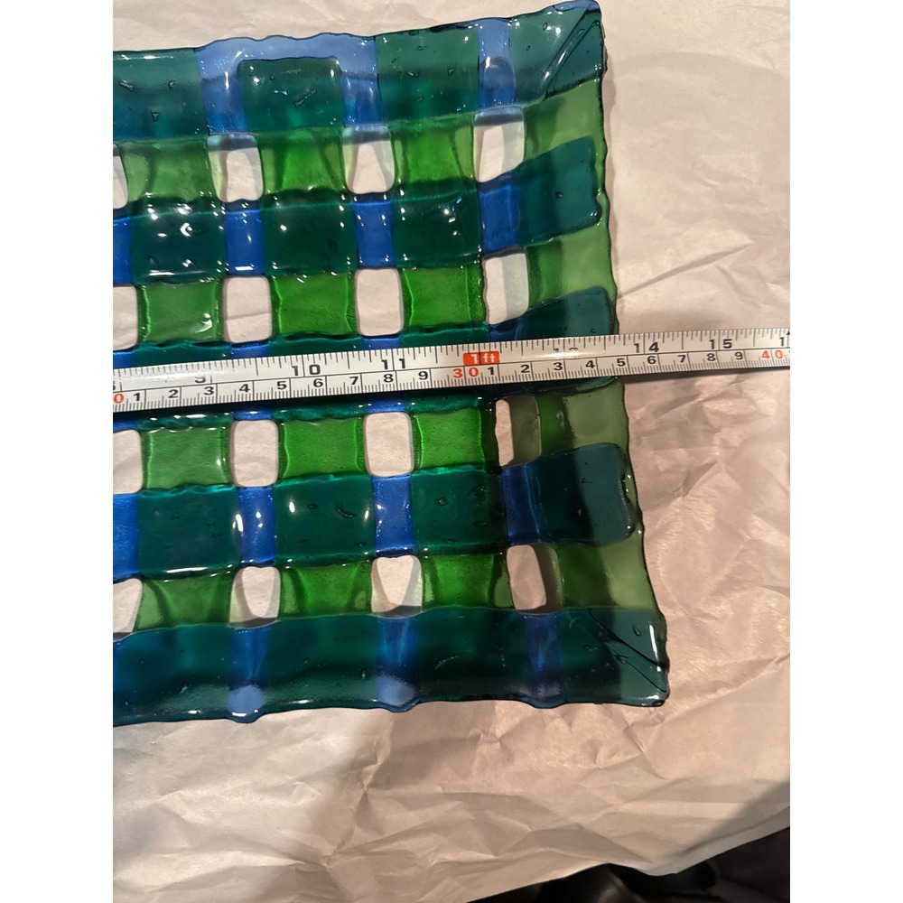 Handmade Fused‎ Glass Woven Lattice Platter Green Blue Plaid Decorative Tray 14" - Picture 5 of 6